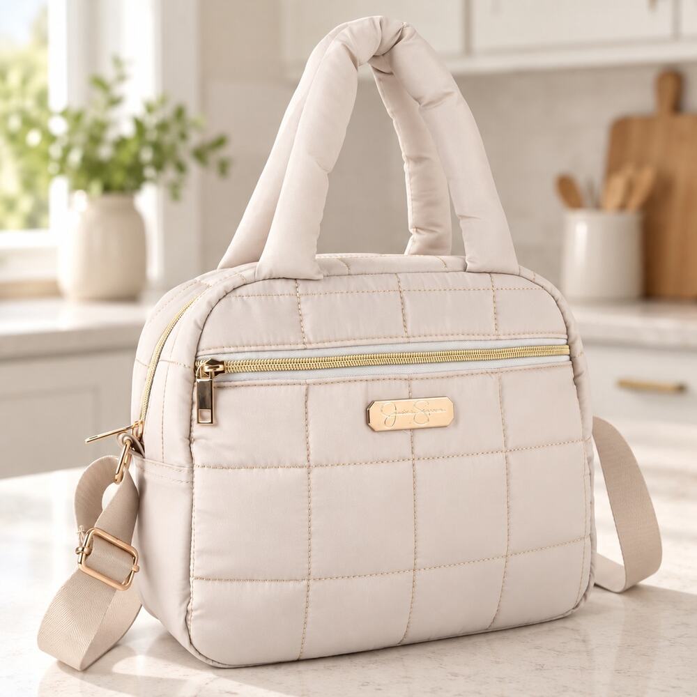 Jessica Simpson Beige Quilted Puffer Insulated Lunch Bag Tote Shoulder Strap